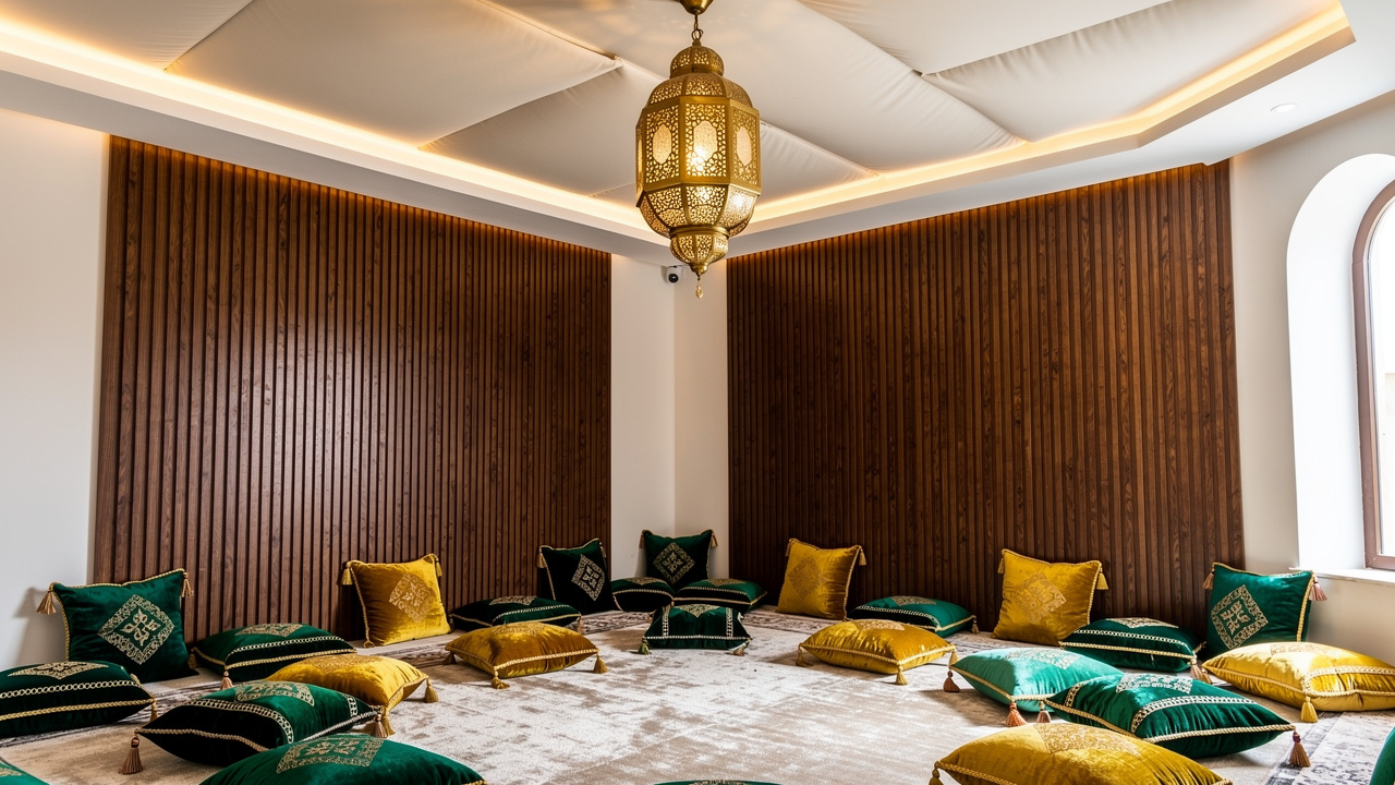 Elegantly finished villa Majlis room with wood acoustic wall panels