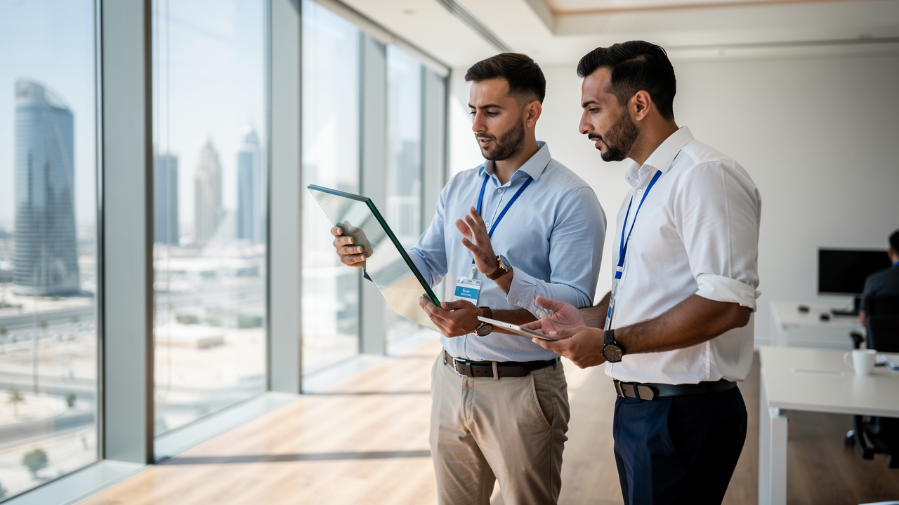 Acoustic consultant and architect reviewing glass sample in Dubai office