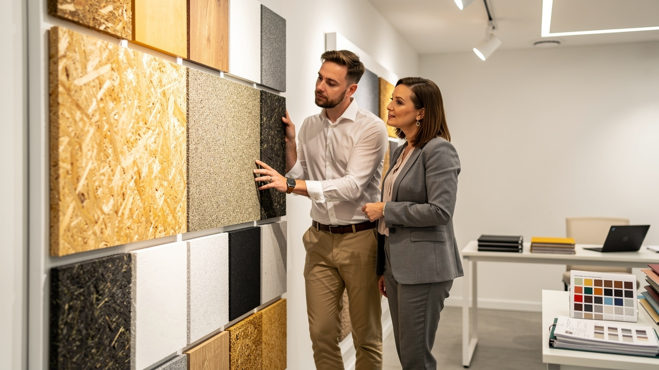Acoustic consultant and designer reviewing wood wool panel samples