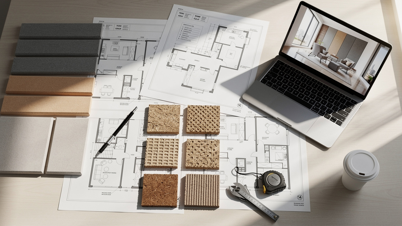 Interior designer reviewing acoustic material samples and plans