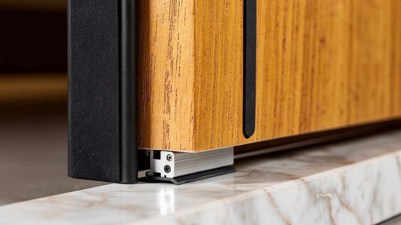Acoustic door compression gasket and automatic drop seal close-up