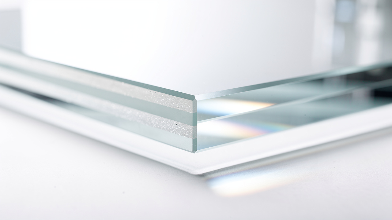Cross-section of acoustic laminated glass showing PVB interlayer
