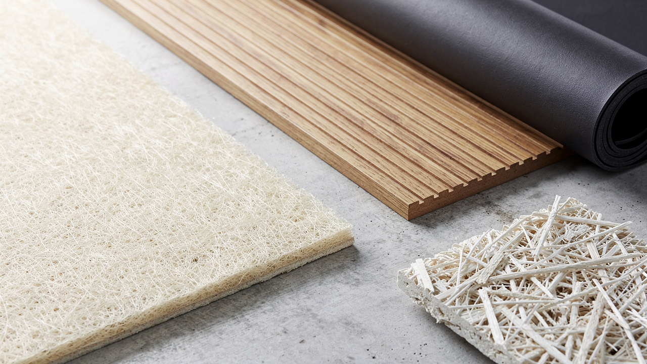 Acoustic material samples including PET panels and wood wool