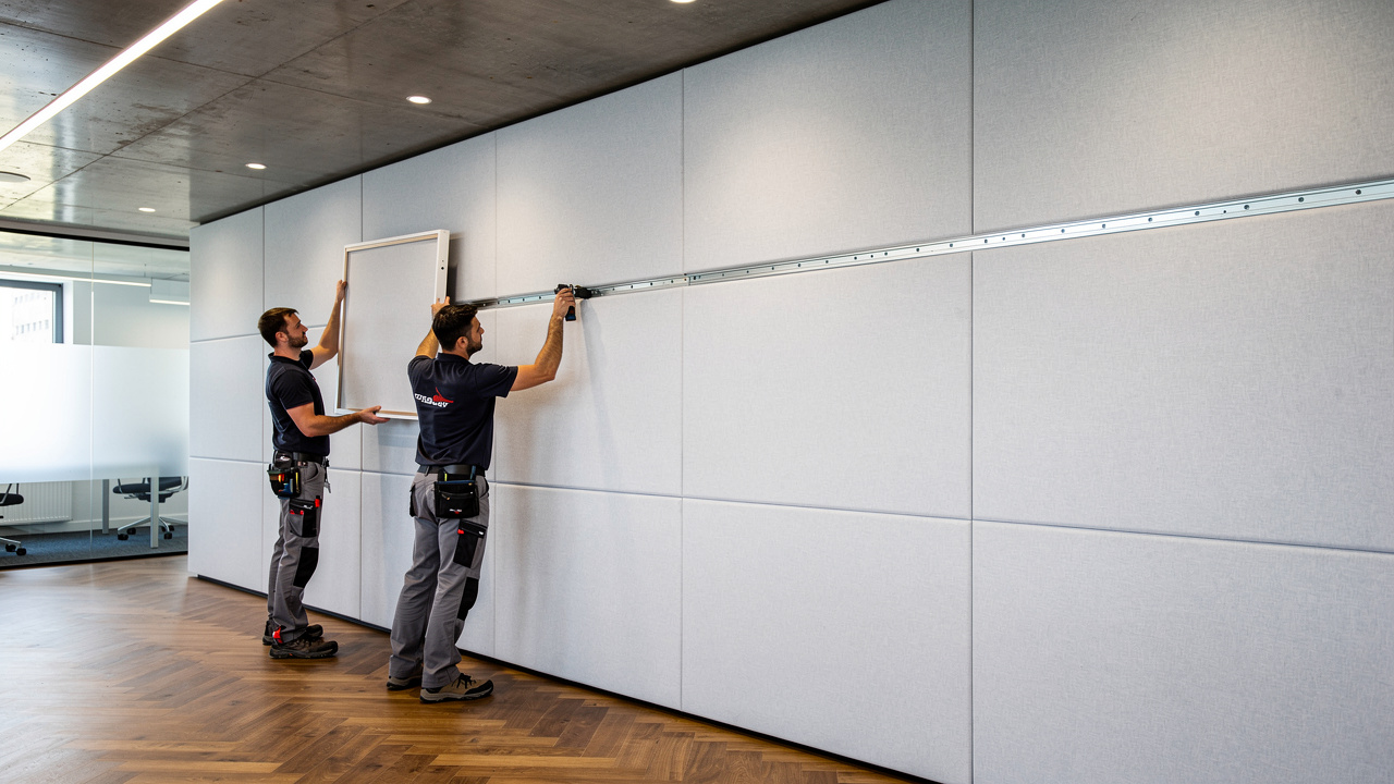 Workers installing stretch fabric acoustic panels in a conference room