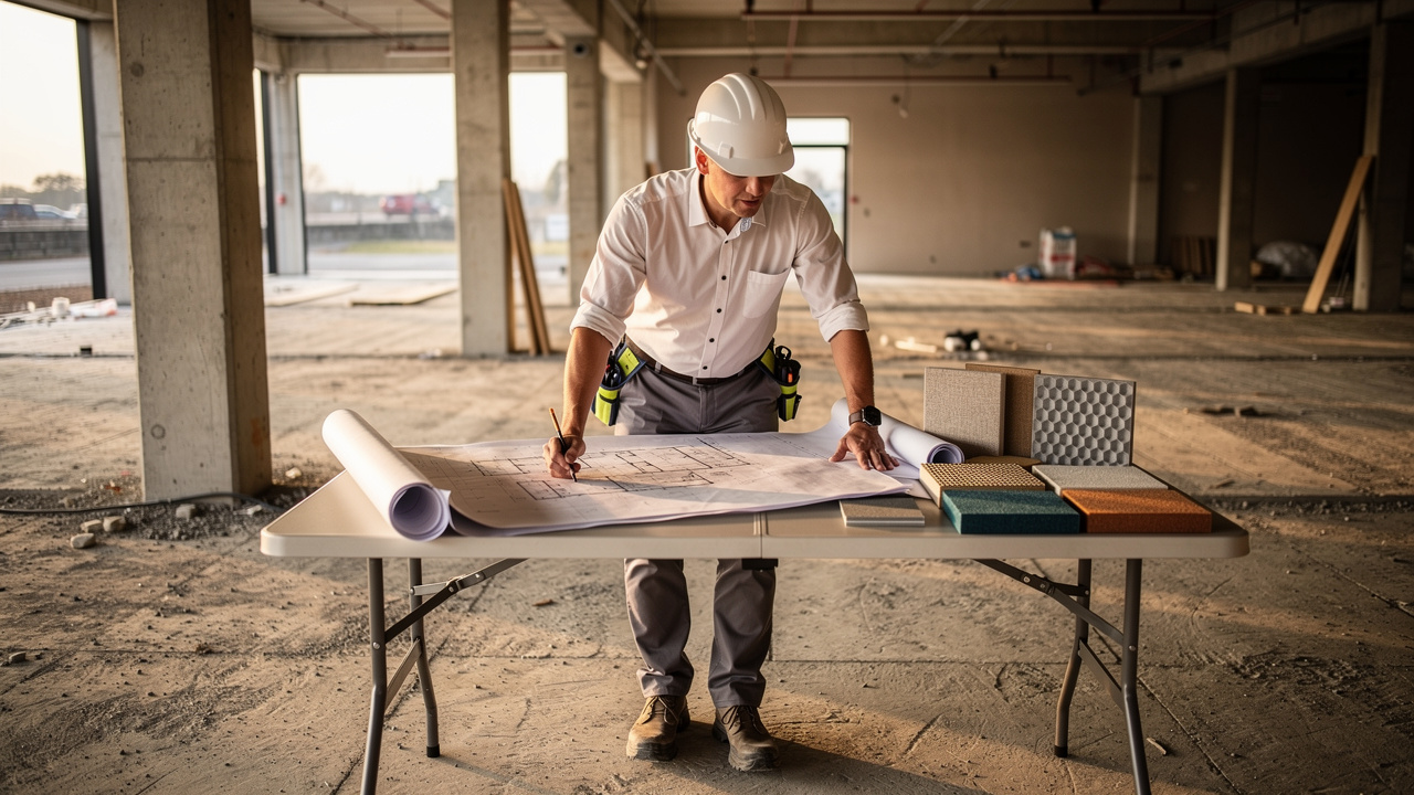 Designer reviewing acoustic panel specifications on a construction site