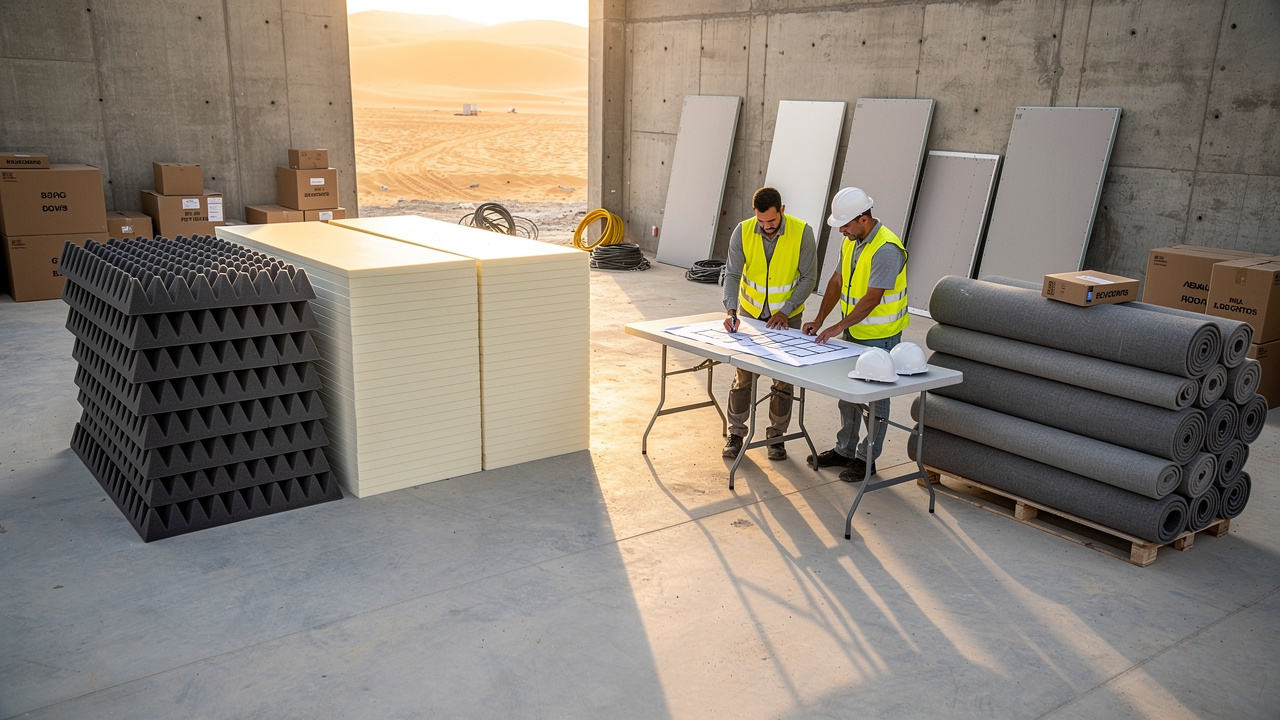 Acoustic panel materials staged for a Dubai fit-out project