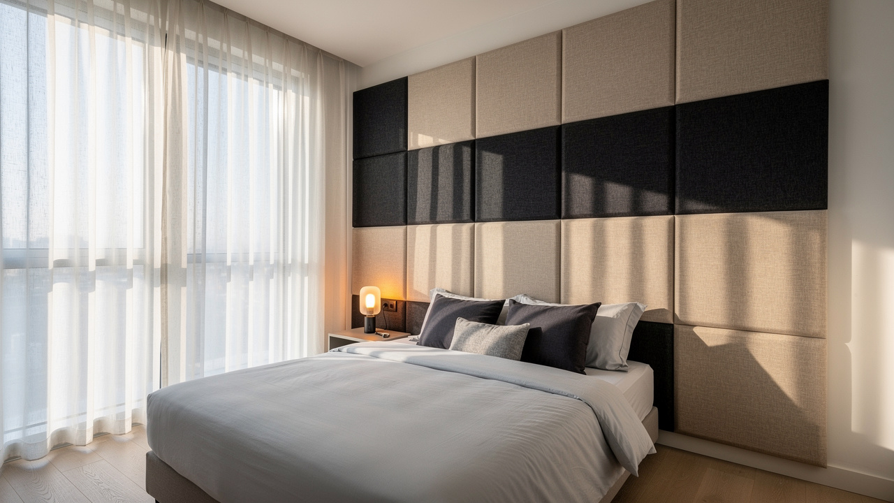 Fabric acoustic panels covering bedroom wall in Dubai apartment
