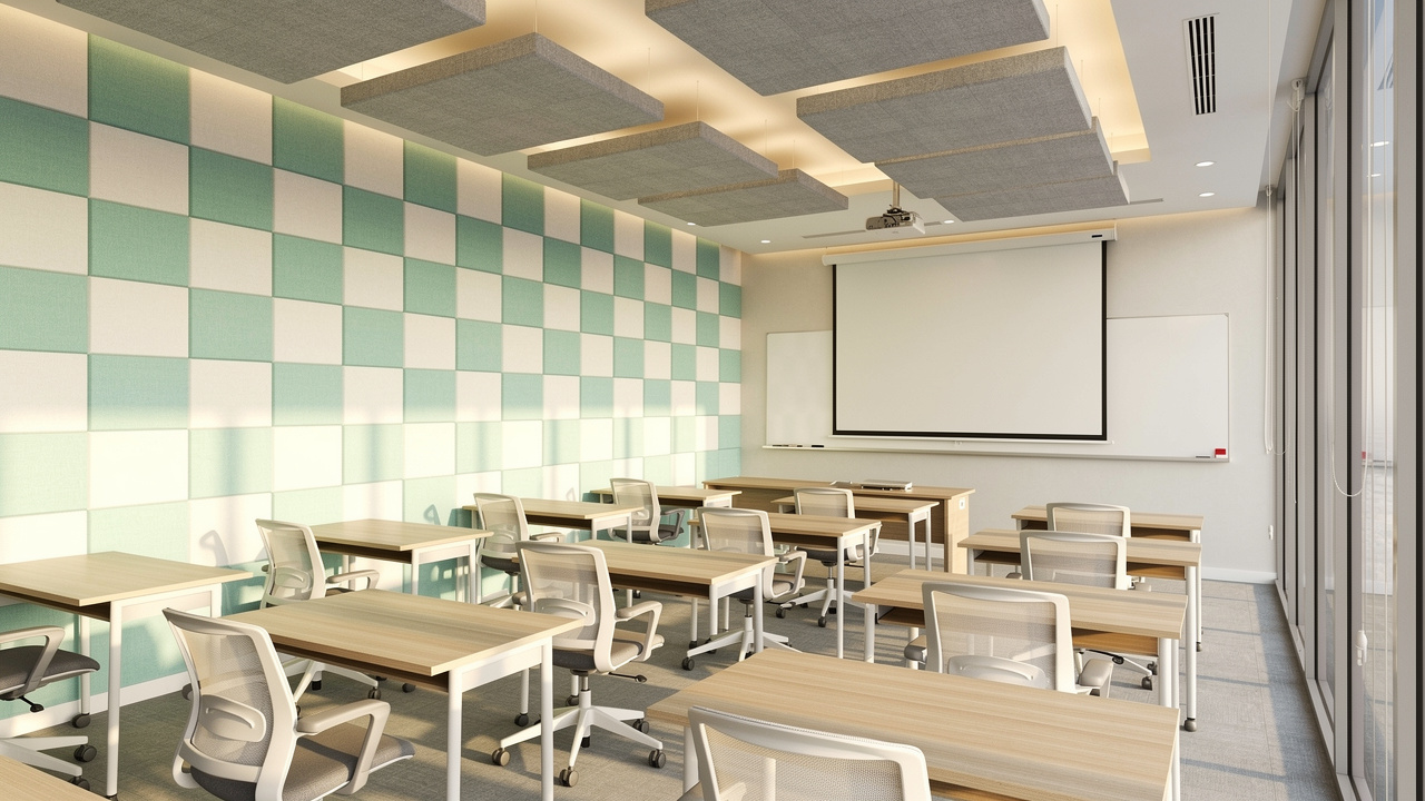 Completed acoustic panel installation inside a Dubai school classroom