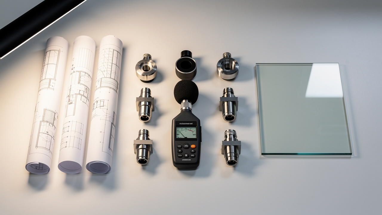 Acoustic performance measurement tools and glass samples on desk