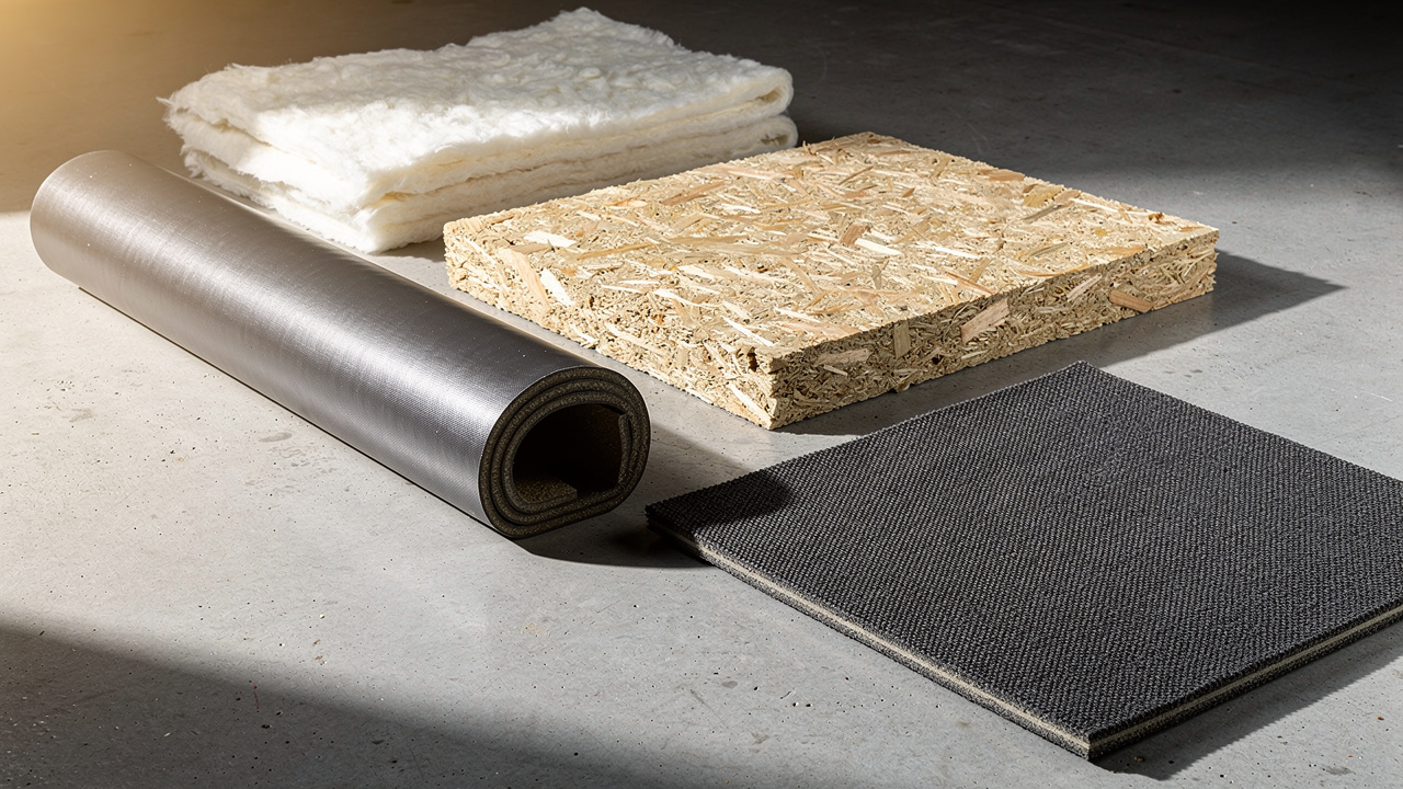 High-quality acoustic materials including wood wool, fabric panels, and mass loaded vinyl