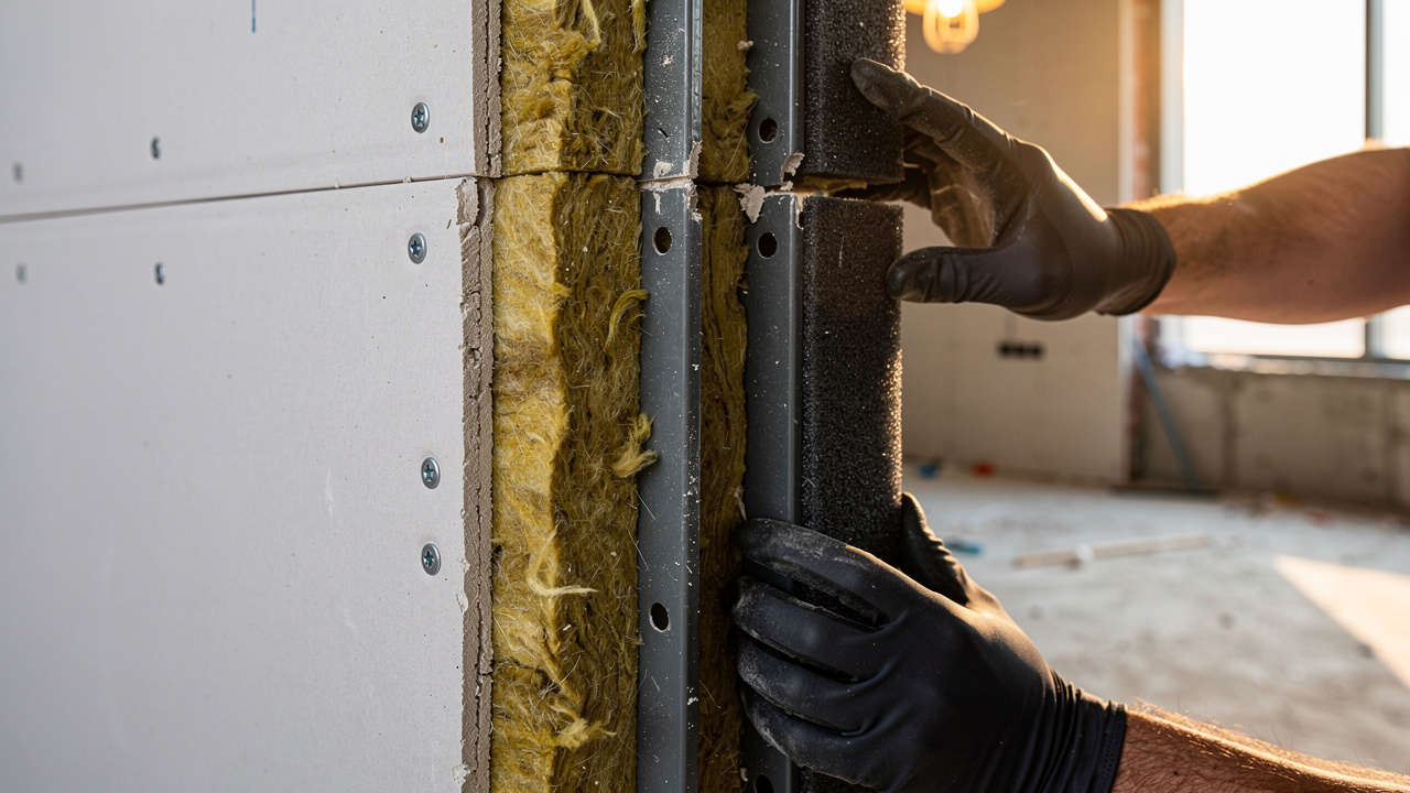 Detailed acoustic wall assembly layers being professionally installed