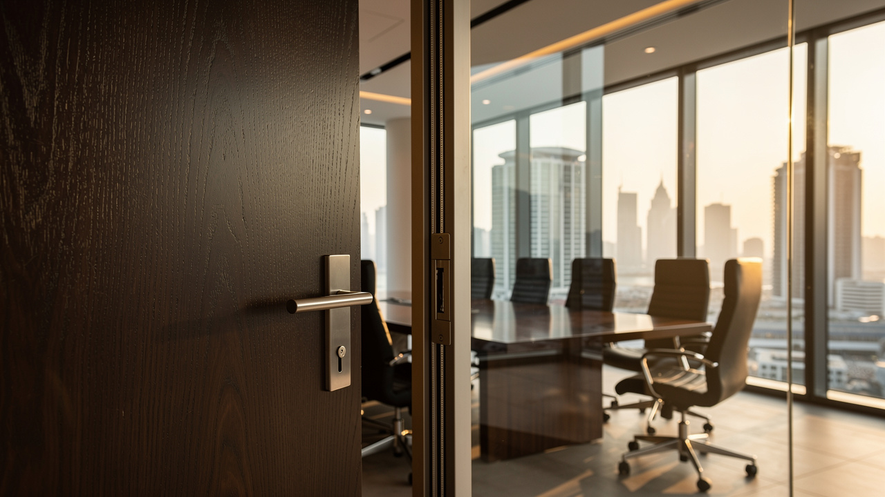 Acoustic wooden door in modern UAE corporate conference room