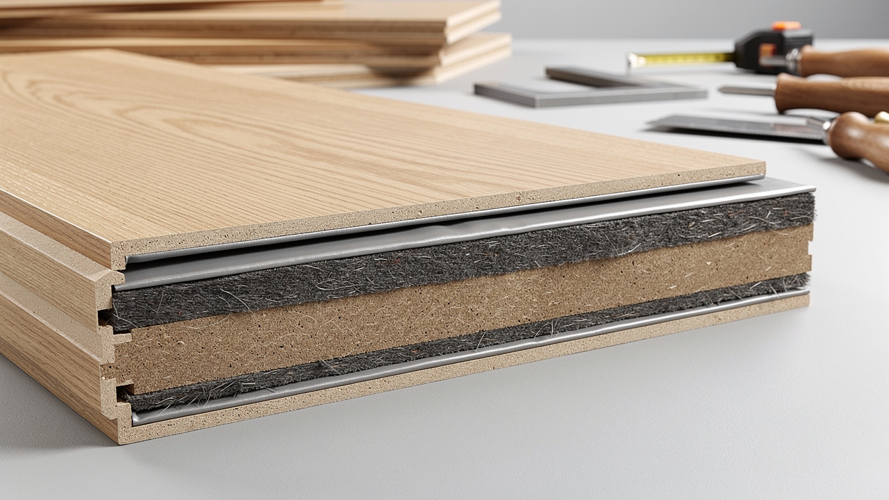 Cross-section of acoustic wooden door showing internal soundproofing layers