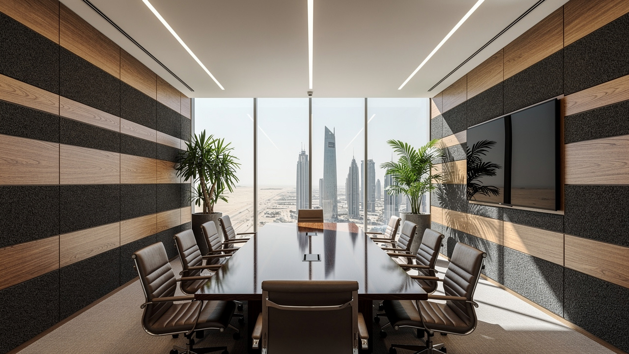 Corporate boardroom with acoustic wood wool wall panels installed