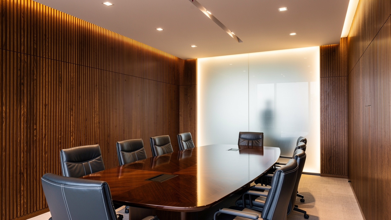Executive boardroom with wood slat acoustic wall panels