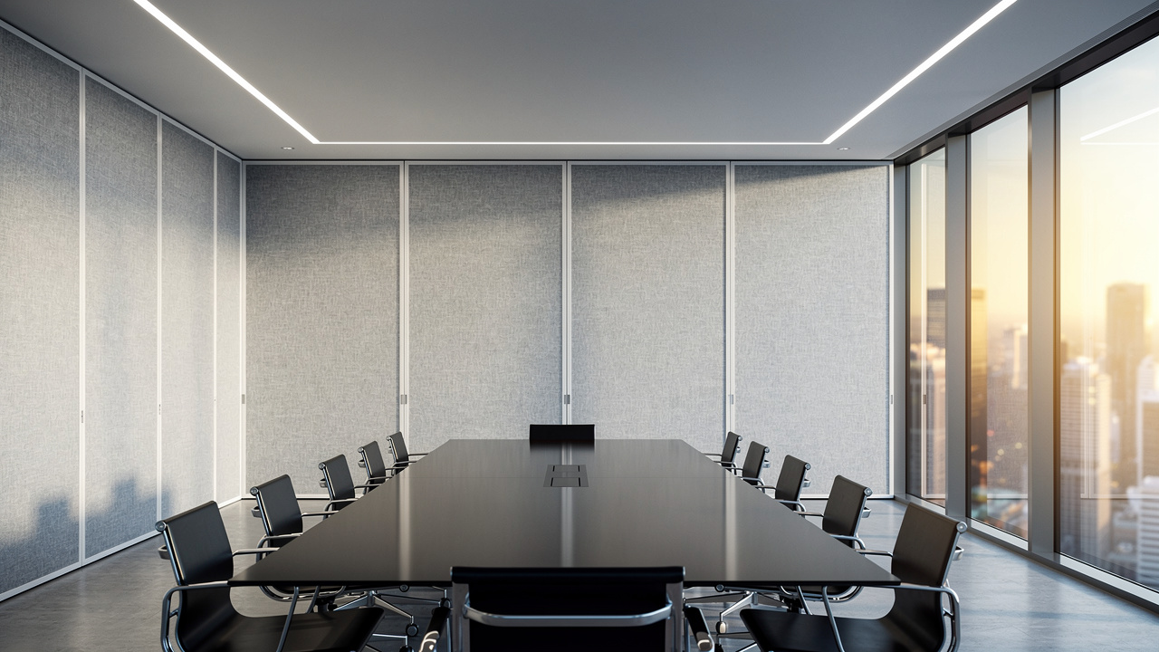Modern boardroom with fabric acoustic panels on PVC tracks
