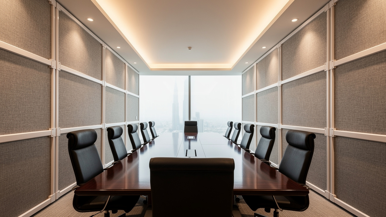 Dubai corporate boardroom with fabric acoustic panels on walls