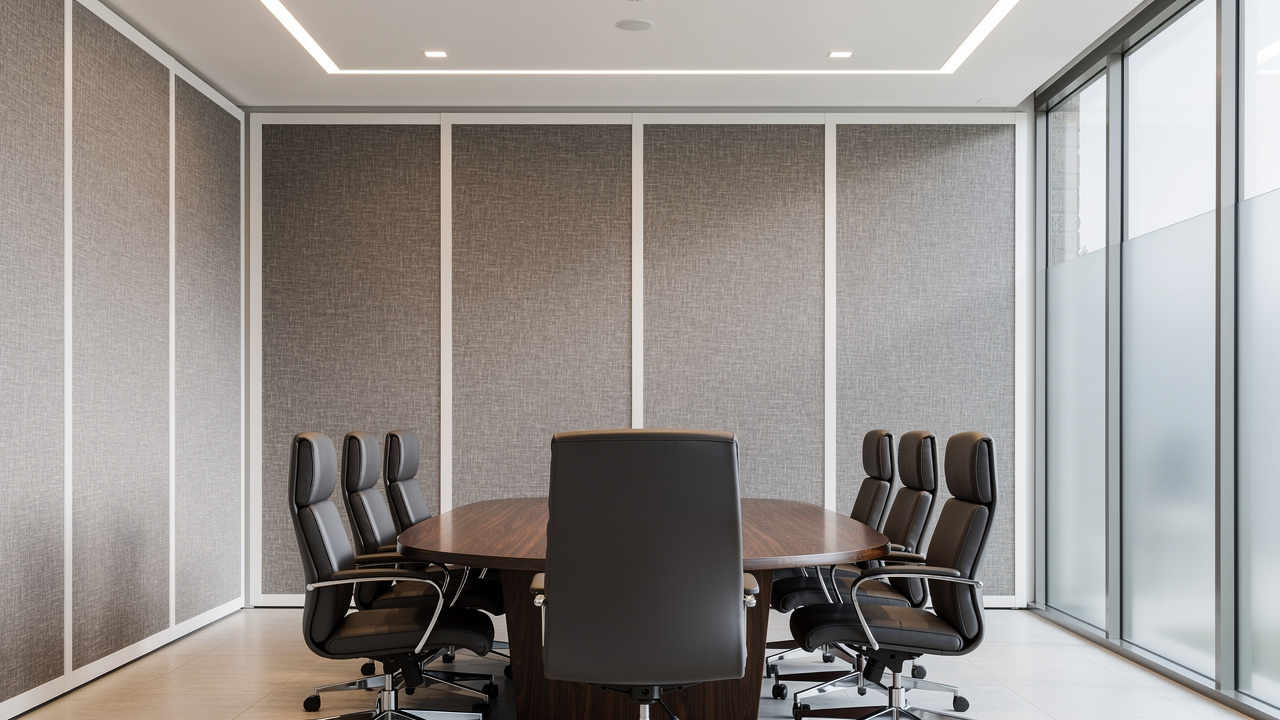 Modern UAE boardroom with full acoustic panel wall framing