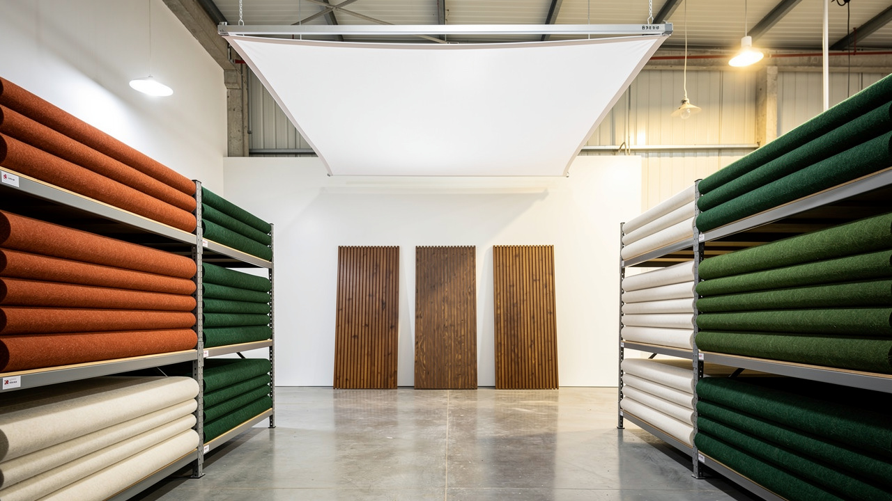 Warehouse stocked with PET wood and stretch acoustic panel materials