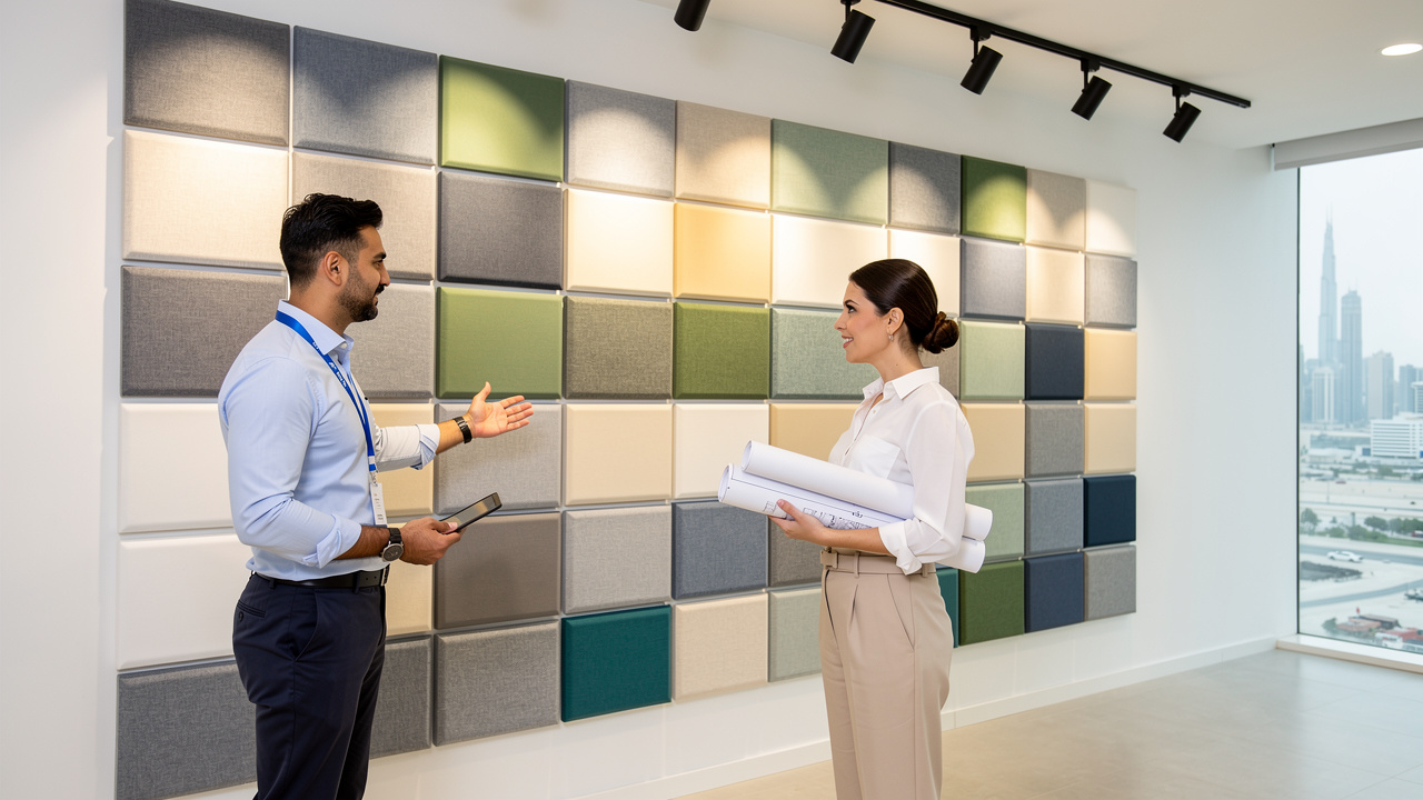 Acoustic consultant and architect reviewing PET panel options in Dubai showroom