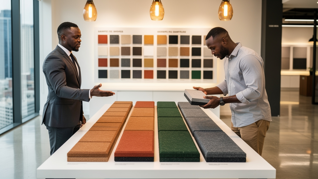 Acoustic consultant and client reviewing PET panel samples at wholesale showroom