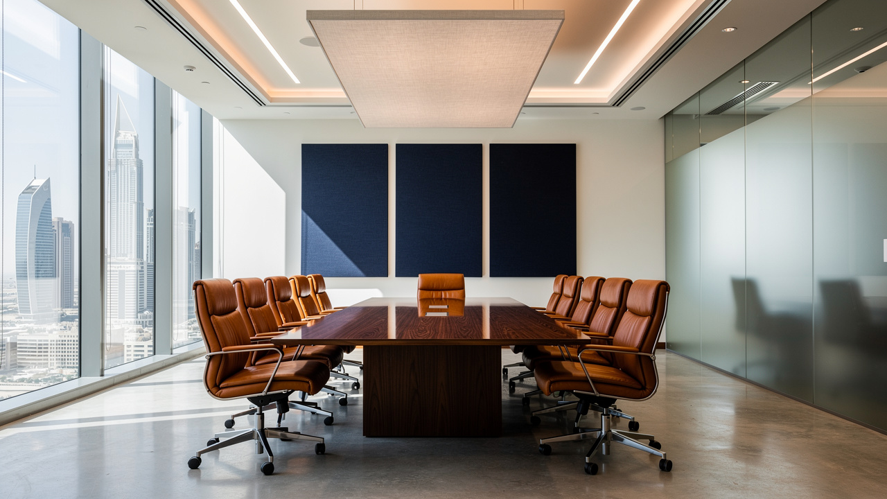 Dubai boardroom with acoustic wall panels and ceiling cloud