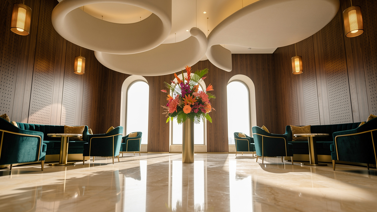 Luxury Dubai hotel lobby with acoustic ceiling clouds