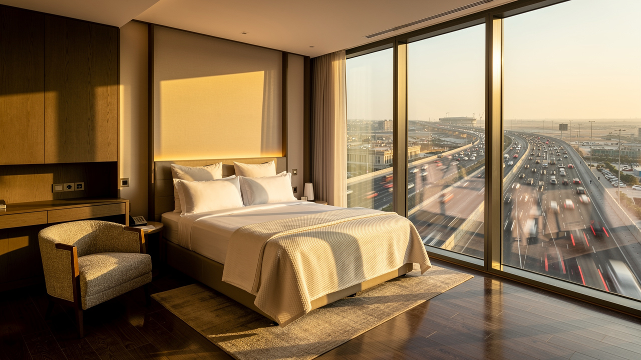 Luxury Dubai hotel room with acoustic glazing overlooking expressway