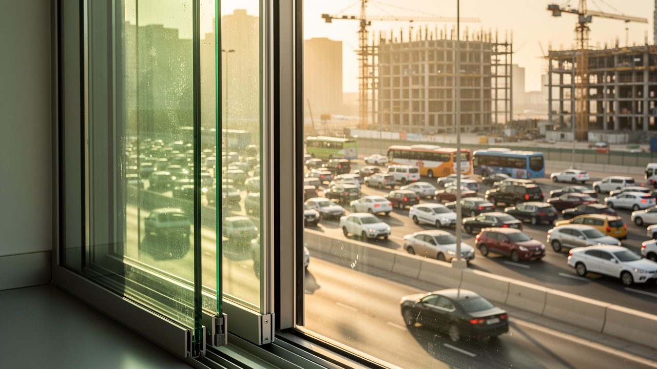 Dubai apartment window facing noisy highway traffic below
