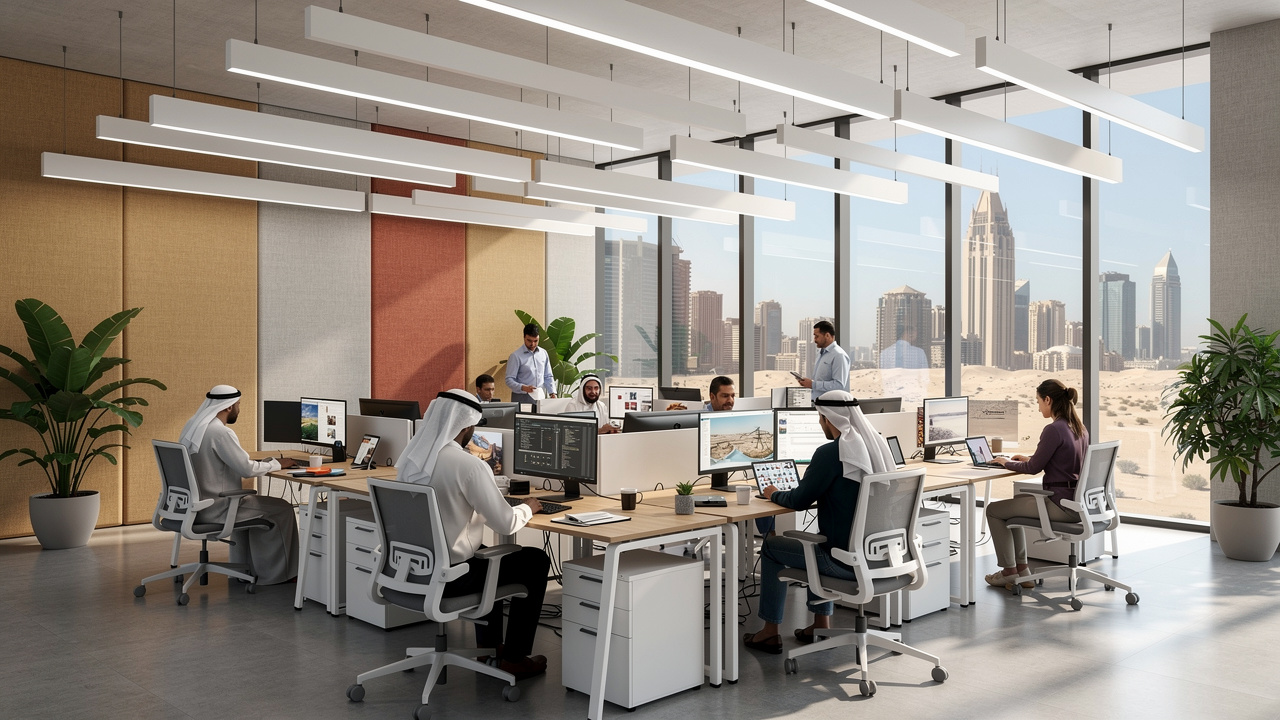 Open office floor with suspended ceiling acoustic baffles