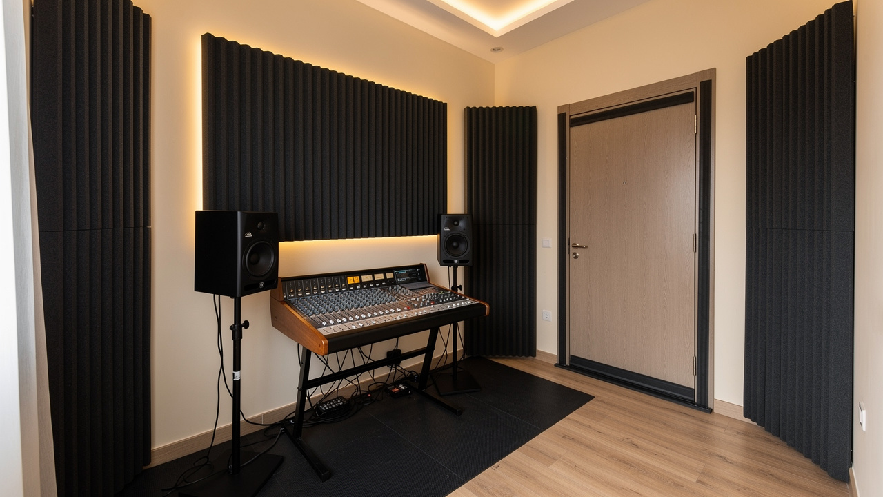 Home recording studio with acoustic panels and soundproof door in Kuwait