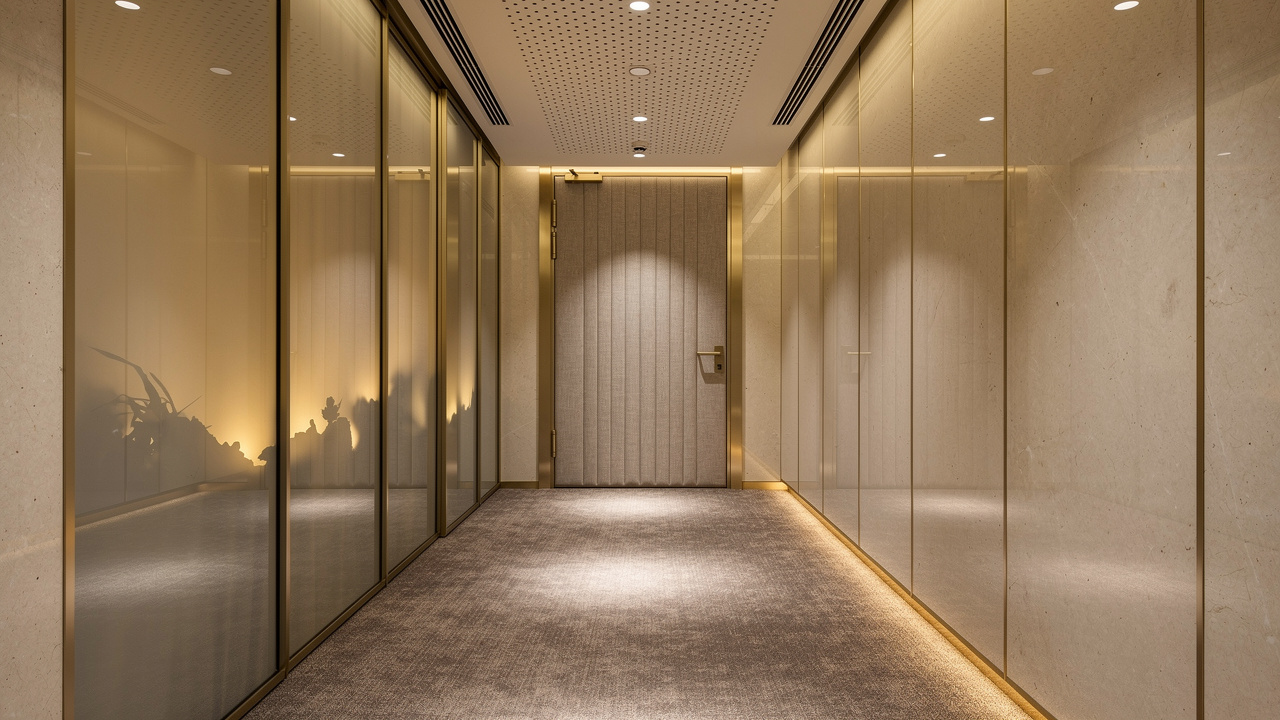 Luxury hotel corridor with acoustic door and laminated glass