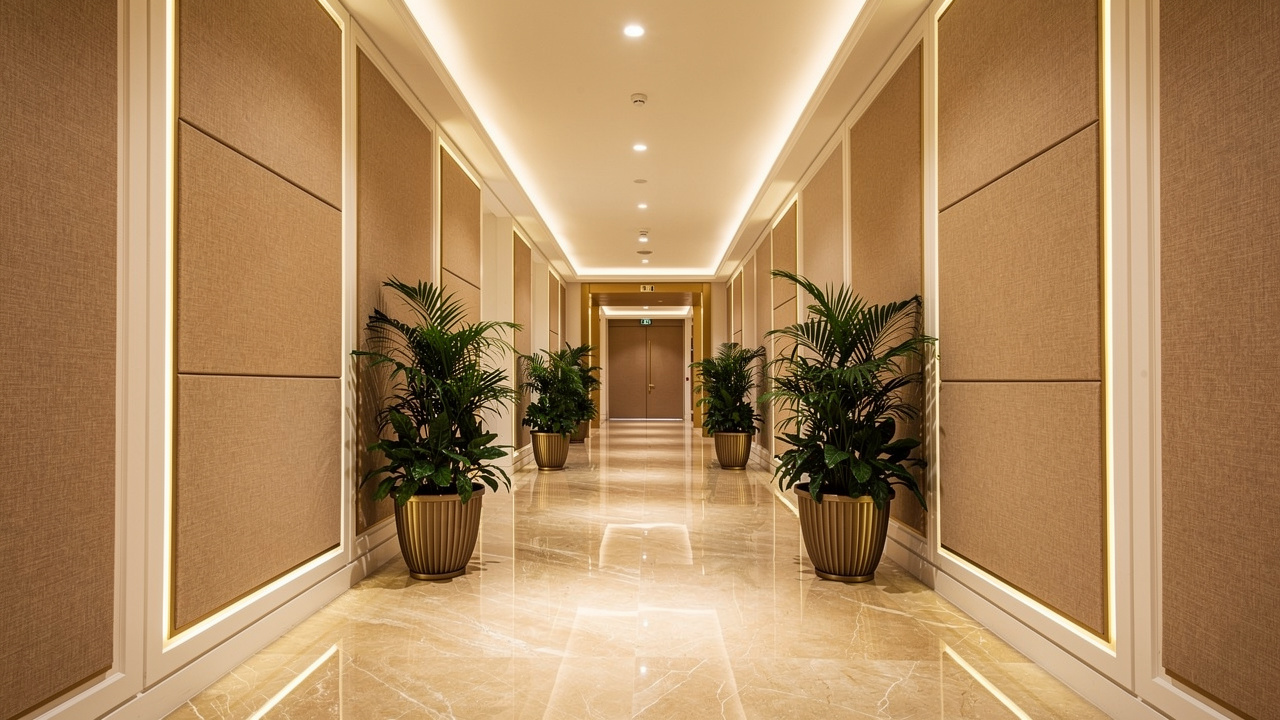 Luxury hotel corridor with acoustic panels in PVC track frames