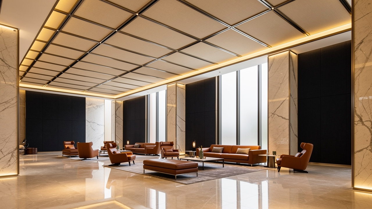 Hotel lobby with T-bar ceiling grid and acoustic wall panels
