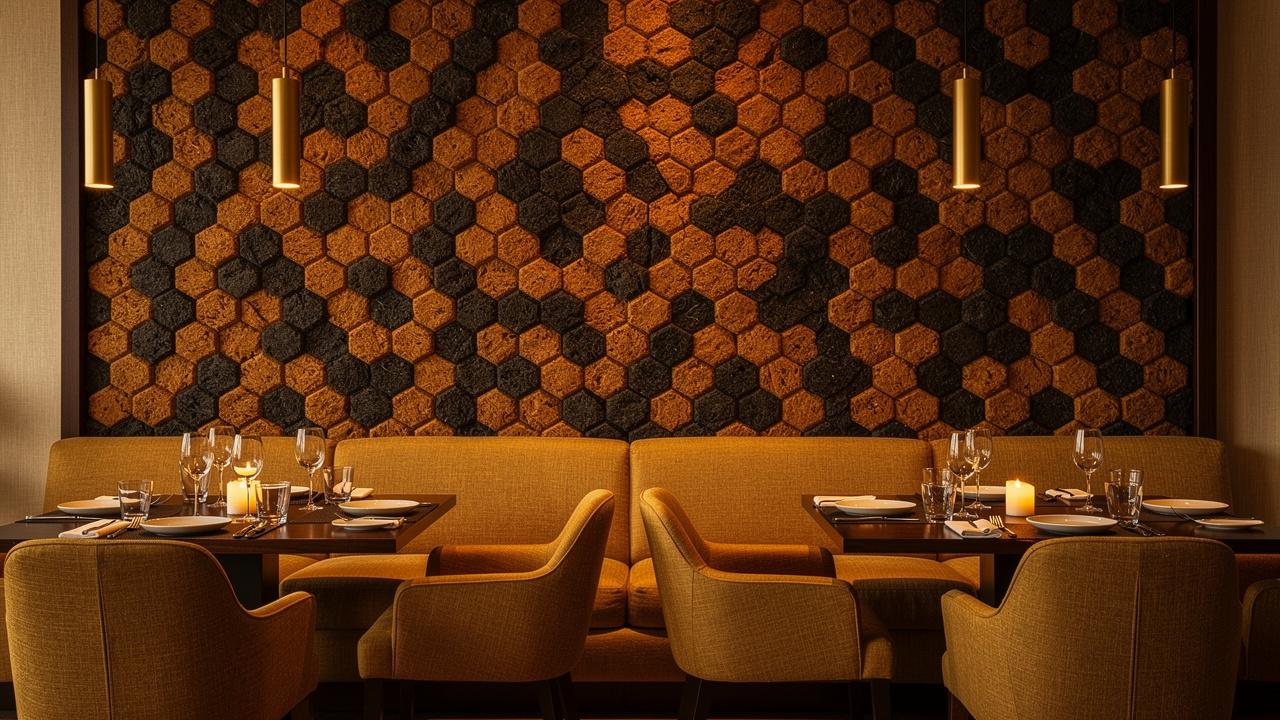Hotel restaurant interior featuring hexagonal acoustic wood wool panels