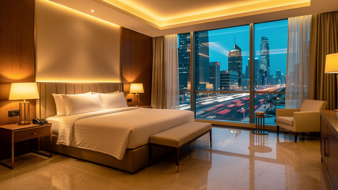 Luxury hotel room with acoustic glass overlooking Dubai highway