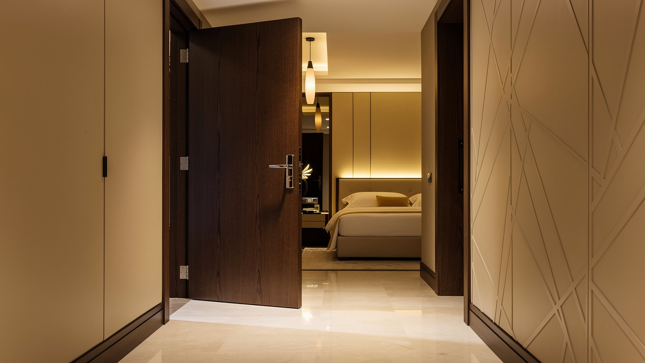 Luxury hotel suite entrance with solid wooden acoustic door