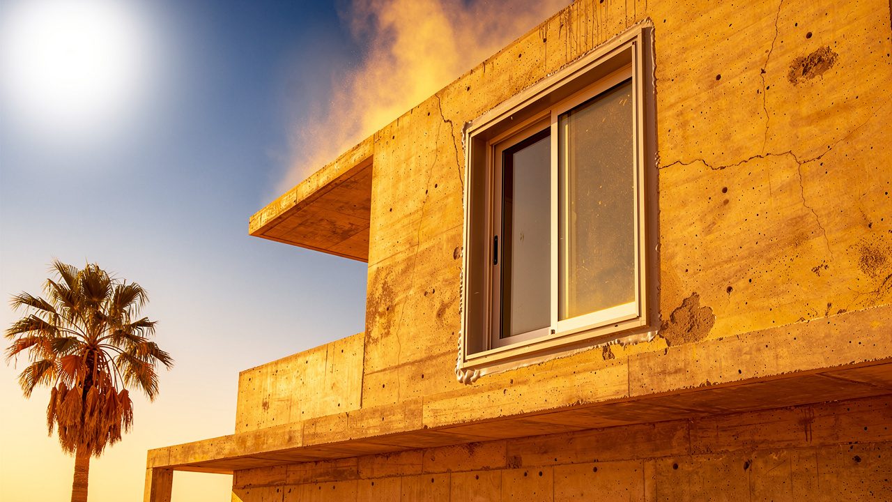 Kuwait concrete building in extreme summer heat affecting acoustic materials