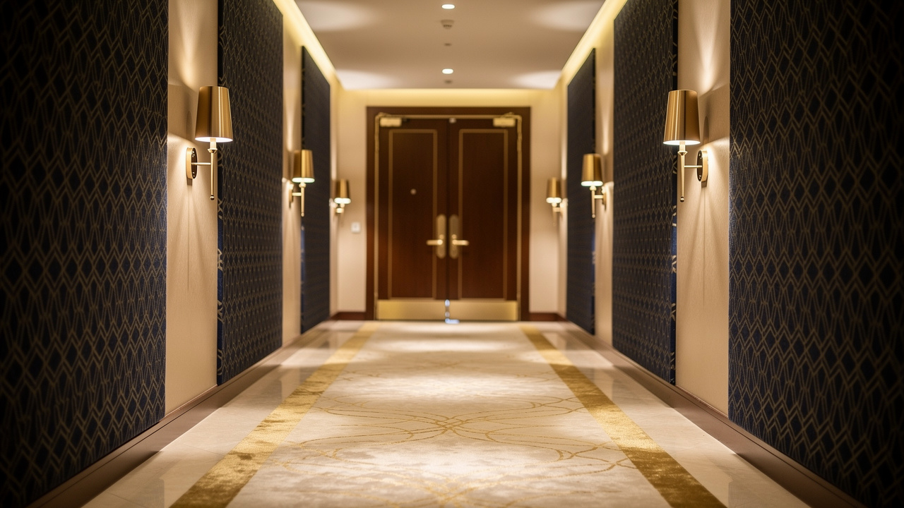 Luxury Dubai hotel corridor with professional acoustic wall panels installed