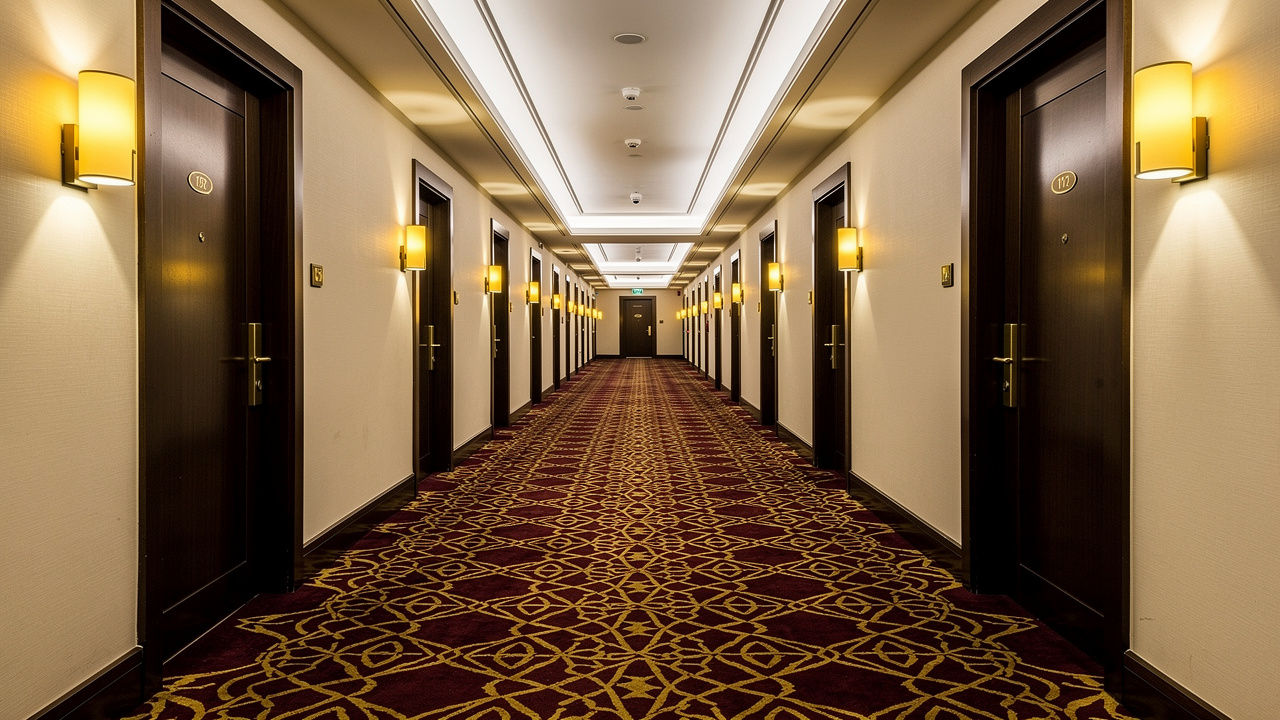 Quiet luxury hotel corridor with acoustic wall treatments UAE