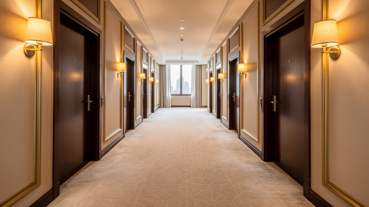 Quiet luxury hotel corridor with acoustic wall panels in Dubai