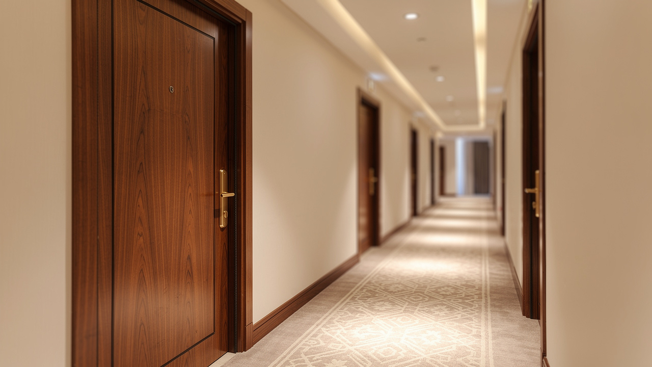 Walnut acoustic wooden doors in luxury hotel corridor UAE