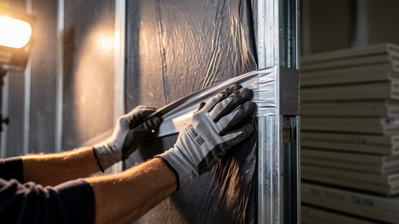 Construction worker taping Mass Loaded Vinyl seams during installation