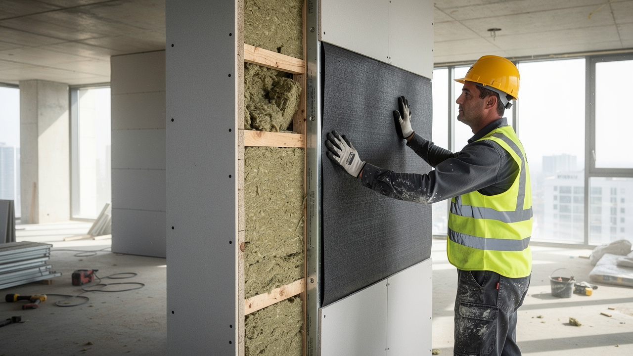 Worker installing Mass Loaded Vinyl inside apartment wall layers