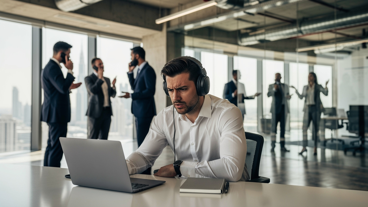 Office worker wearing headphones struggling with open-plan noise distraction