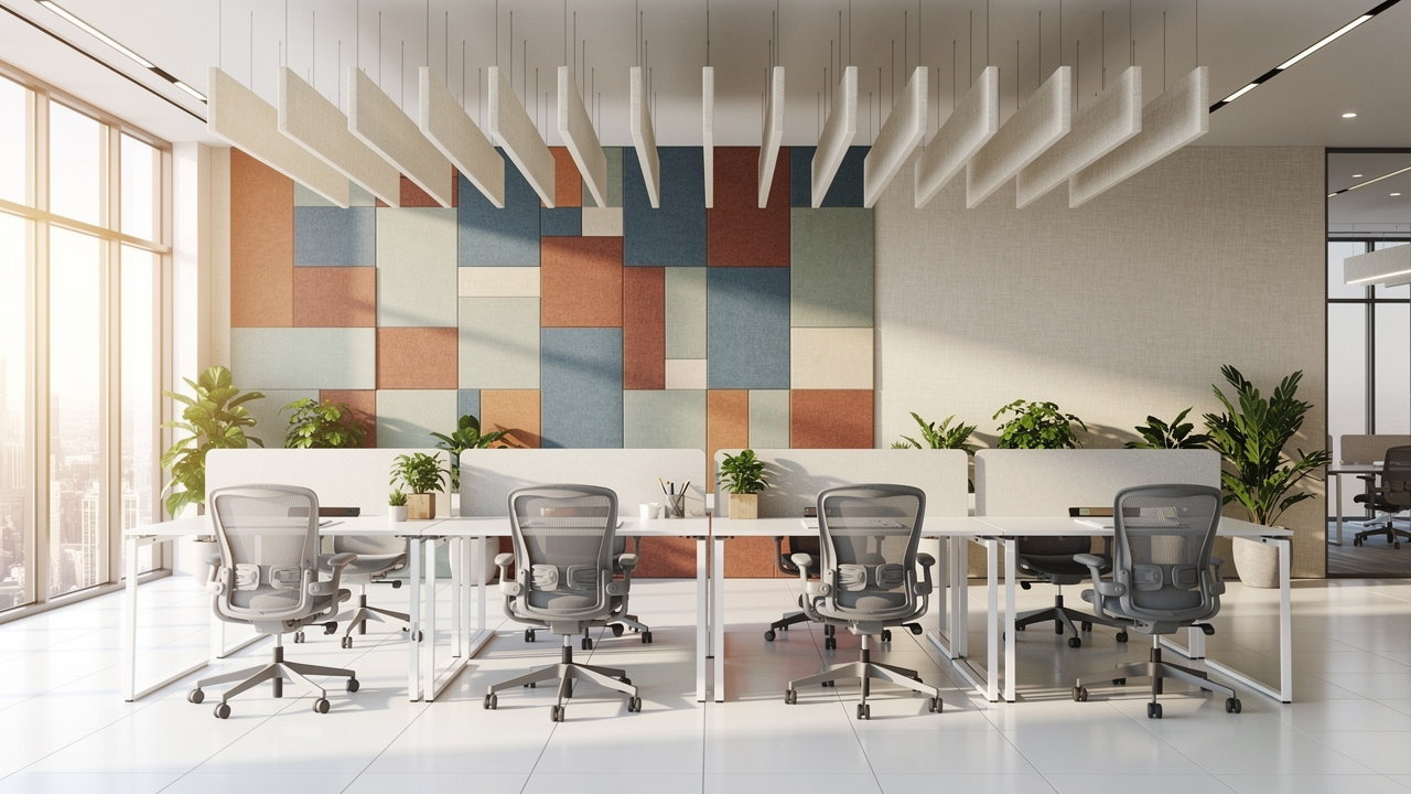 Open-plan Kuwait office with PET acoustic panels and ceiling baffles