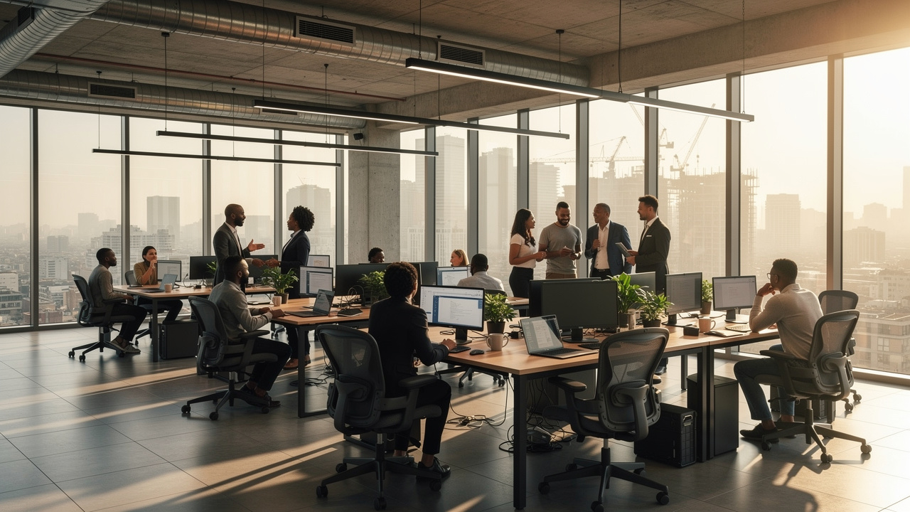 Noisy open-plan office interior with hard reflective surfaces