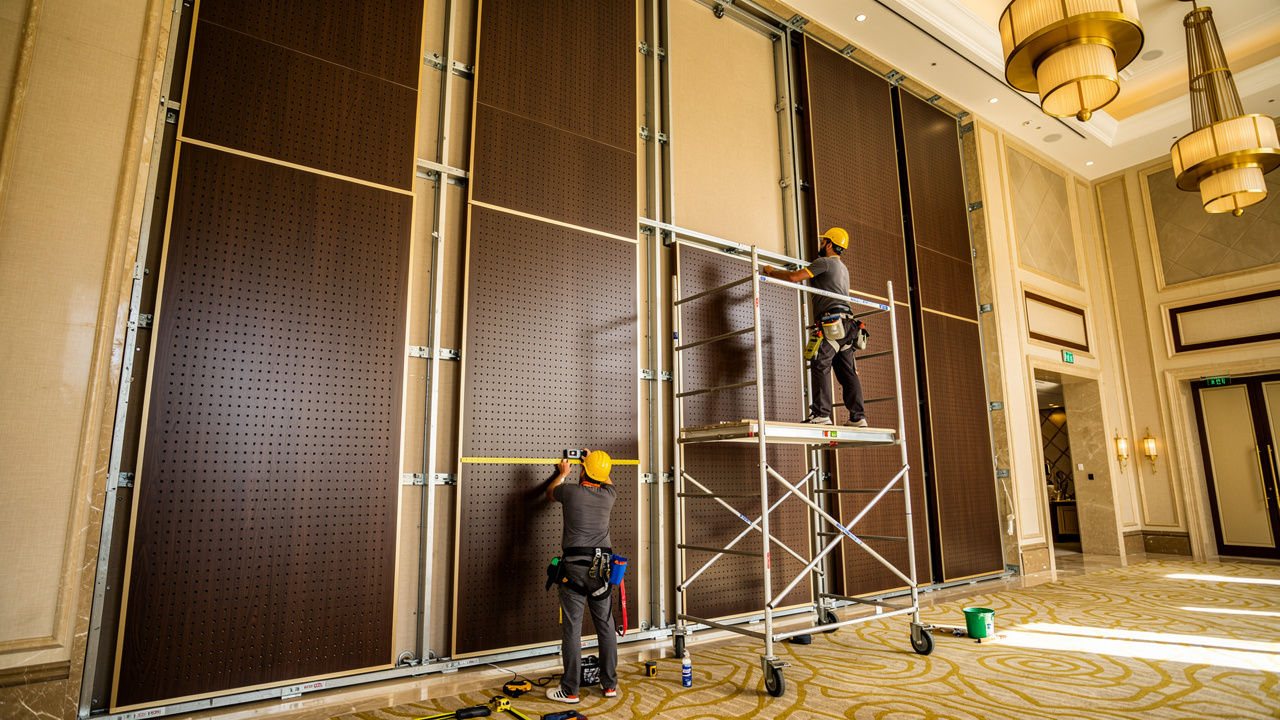 Perforated wood acoustic panels installed in Dubai hotel ballroom