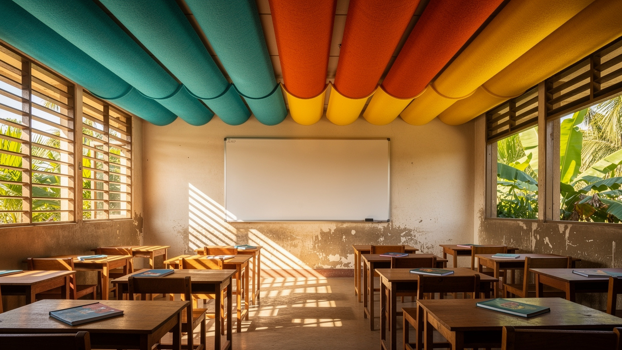 Colorful PET acoustic ceiling baffles in an African school classroom