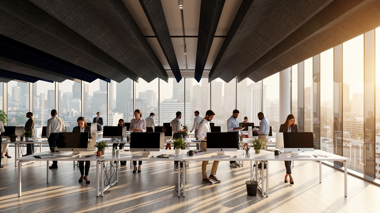 Corporate office with PET acoustic ceiling baffles in African city